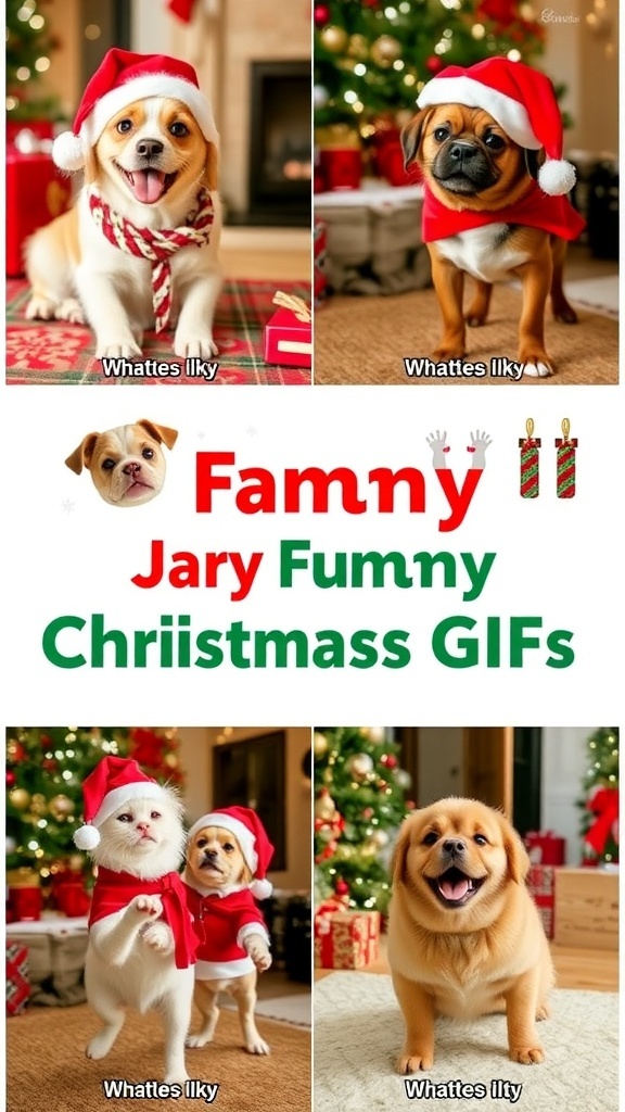 Funny Christmas GIFs Collection A collection of funny Christmas GIFs showcasing pets and people in humorous holiday situations.